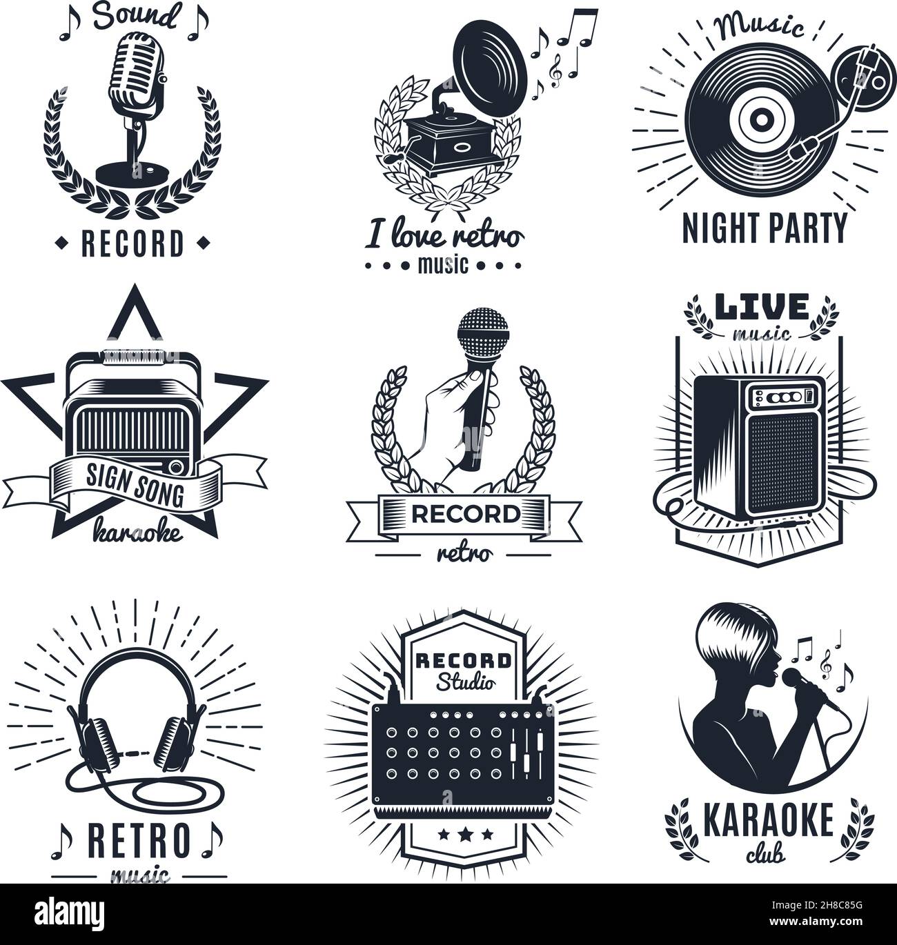 Karaoke elements monochrome vintage emblems of clubs and studio record with letterings music equipment isolated vector illustration Stock Vector