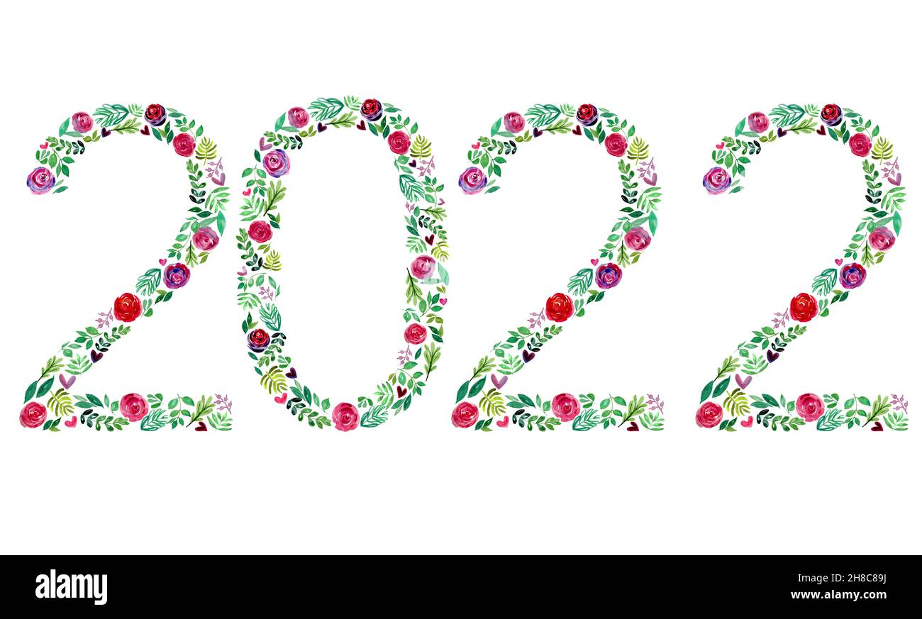 Watercolor floral numbers of 2022 new year. Hand draw flowers in numbers silhouette. New spring-summer season 2022. Design for photo frames, labels, Stock Photo