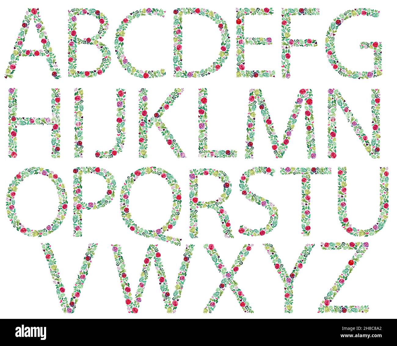 Watercolor floral alphabet. Hand draw flowers in letters silhouette. New spring summer season 2022. baby doll ditsy Stock Photo