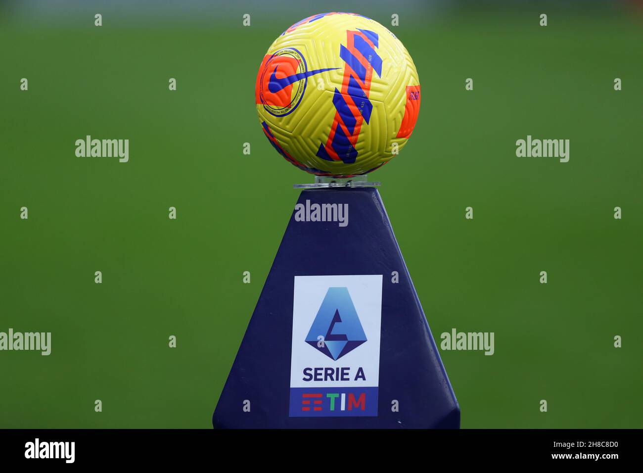 Milan, Italy. 28th Nov, 2021. Official Serie A matchball 'Nike Flight' is seen on the Serie A plinth prior to the Serie A match between Ac Milan and Us Sassuolo at Stadio Giuseppe Meazza on November 28, 2021 in Milan, Italy. Credit: Marco Canoniero/Alamy Live News Stock Photo