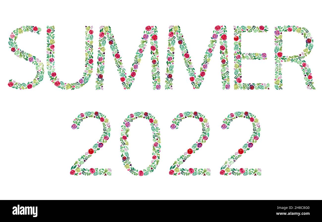 Watercolor floral text season summer 2022. Hand draw flowers in letters and numbers silhouette. New summer season 2022. Design for photo frames, label Stock Photo