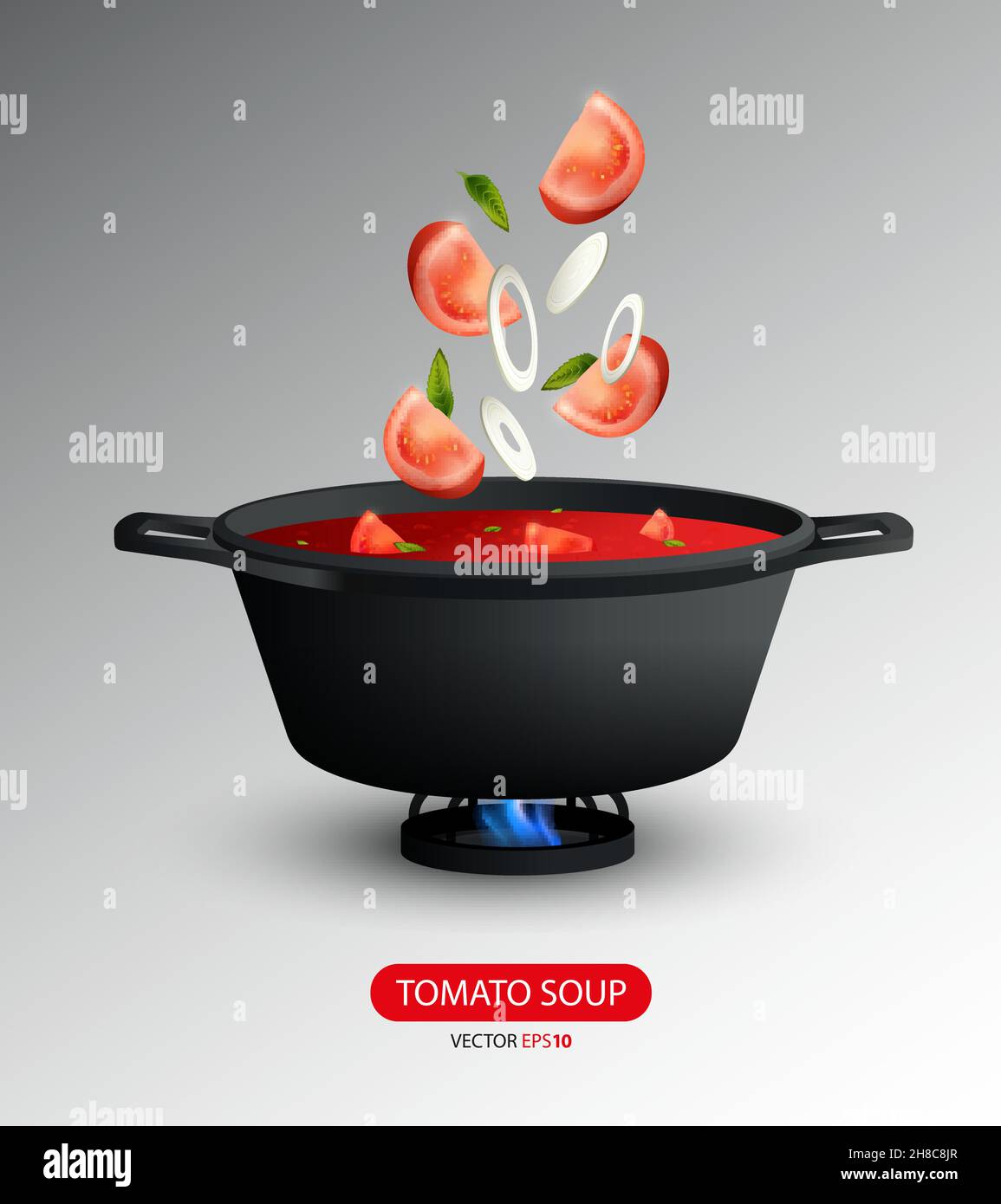 Realistic tomato soup cooking concept with tomato and onion slices falling into pan isolated vector illustration Stock Vector