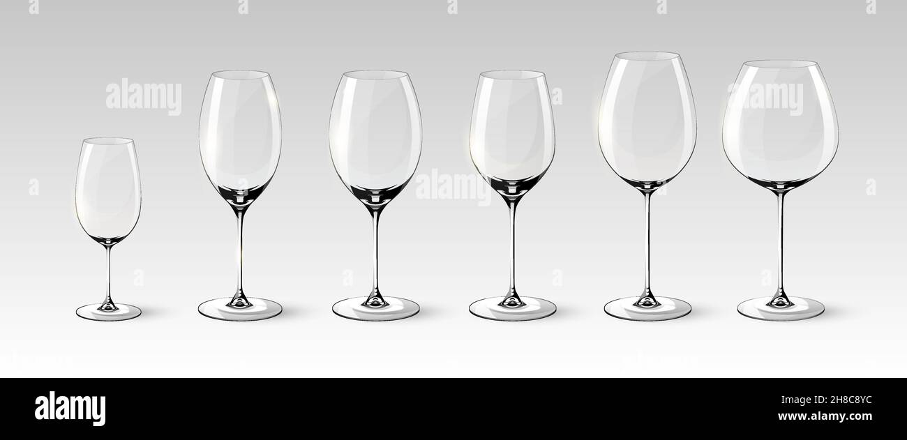 Empty wine glasses collection of different sizes in realistic style on gray background isolated vector illustration Stock Vector