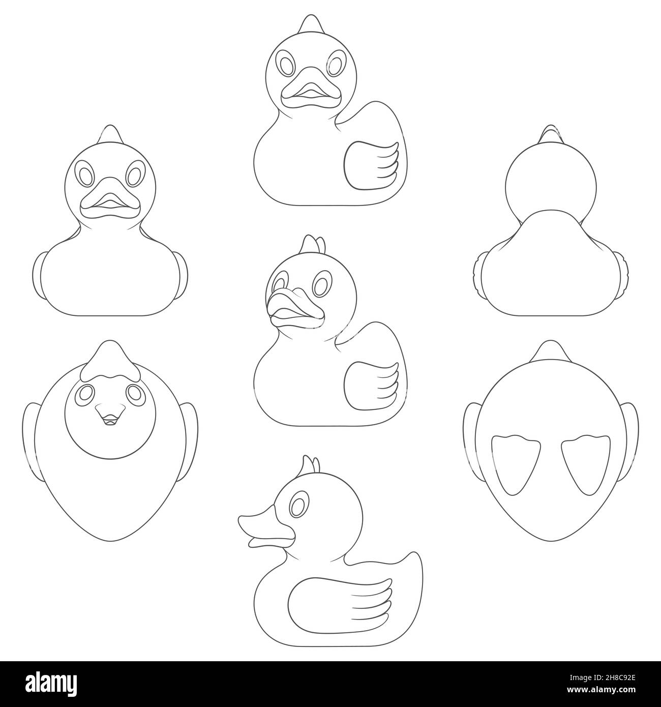 Set of black and white images with a toy duck in different angles. Isolated vector objects on a white background. Stock Vector