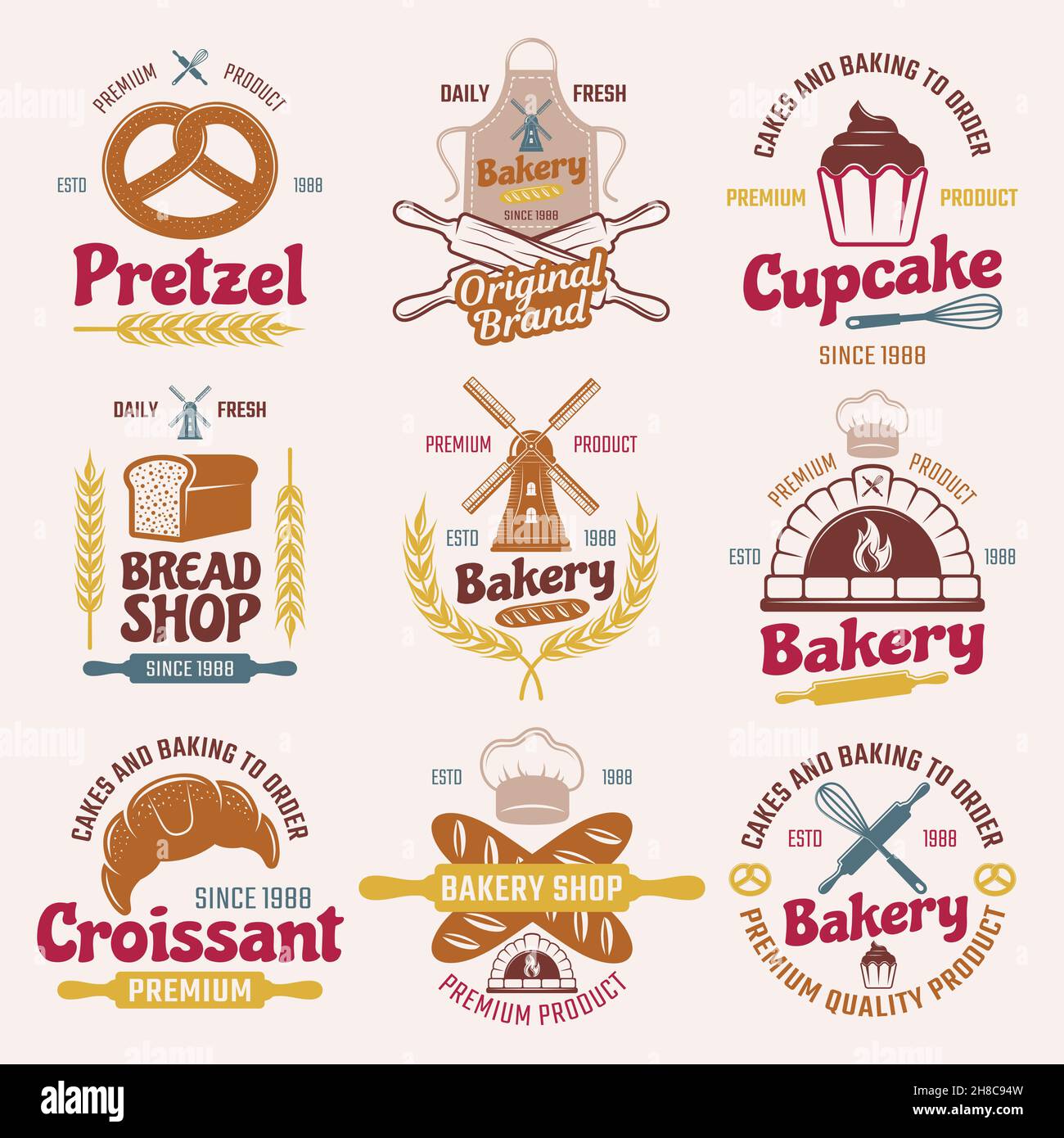 Flour products retro style emblems with typographic letterings mill bread and pastry chefs tools isolated vector illustration Stock Vector