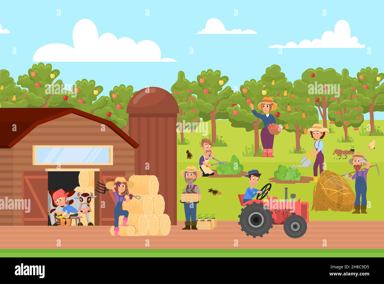 Cartoon farmers work on farm. Farmer on ground, natural market of fresh  products. Agriculture, harvesting and gardening. Farming decent vector  Stock Vector Image & Art - Alamy
