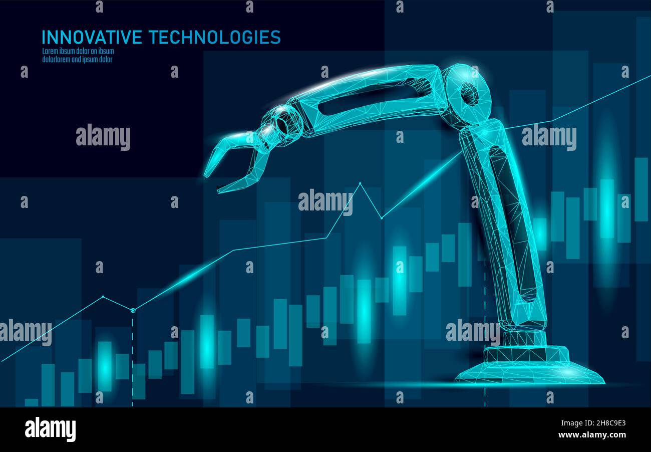 Robot arm low poly manipulator. Part construct assembly triangle shape. Polygonal connected dots 3D render robotic artificial machinery innovation Stock Vector