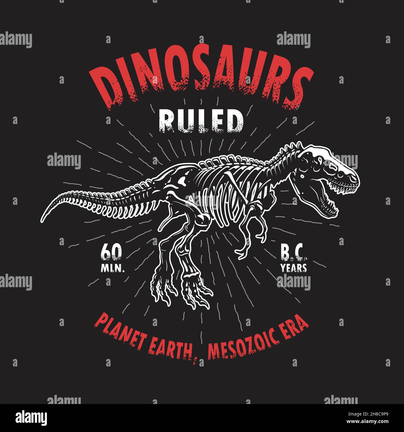 Dinosaur tyrannosaur skeleton t-shirt print.  Vintage style Stock Vector