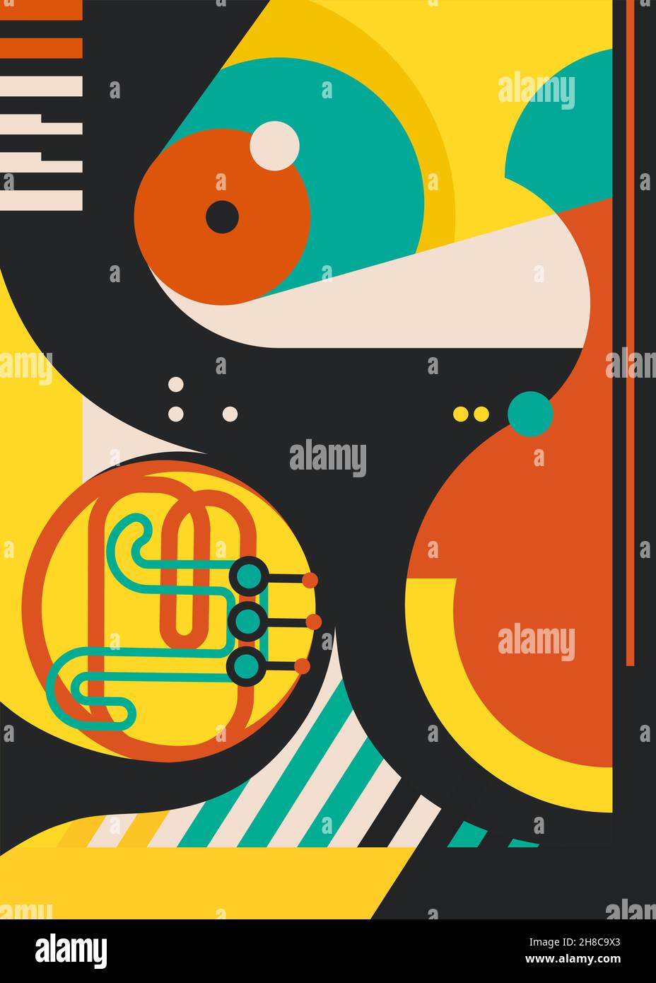 Poster with abstract music instruments. Creative placard design in flat style. Stock Vector