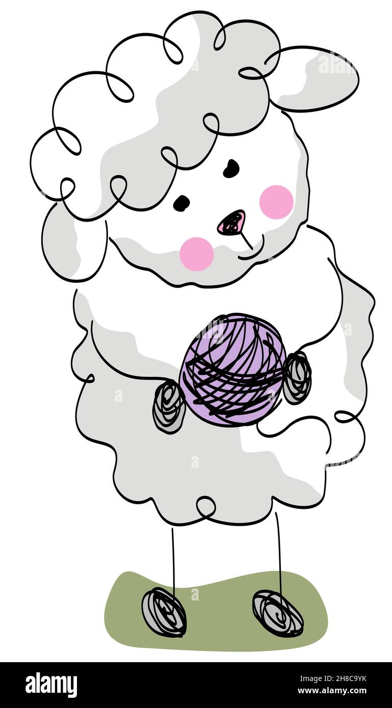 Funny cute lamb sheep holding a ball of wool Stock Photo Alamy