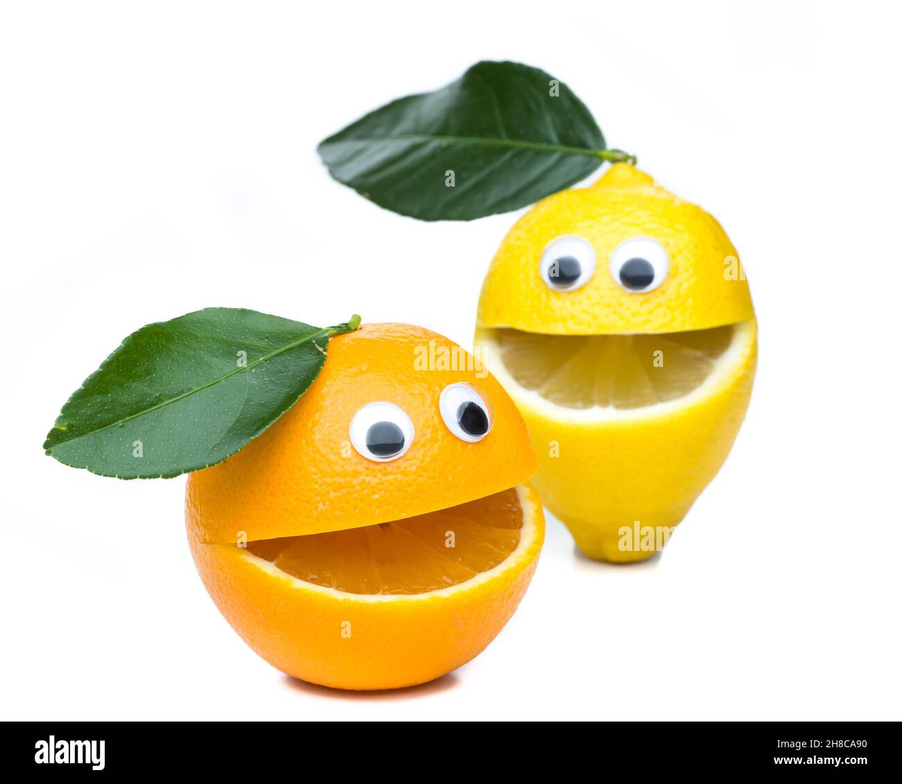 Laughing orange and lemon faces on white background Stock Photo