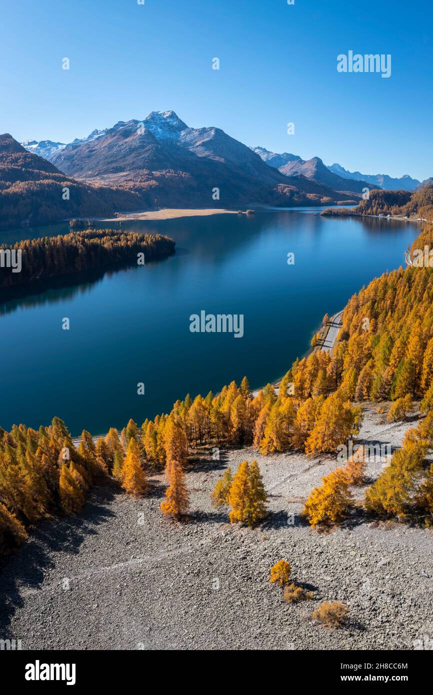 Aerial view of the Sils Lake with Piz da la Margna in autumn. Sils im Engadin/Segl, Engadin, Switzerland, Canton of Grisons. Stock Photo