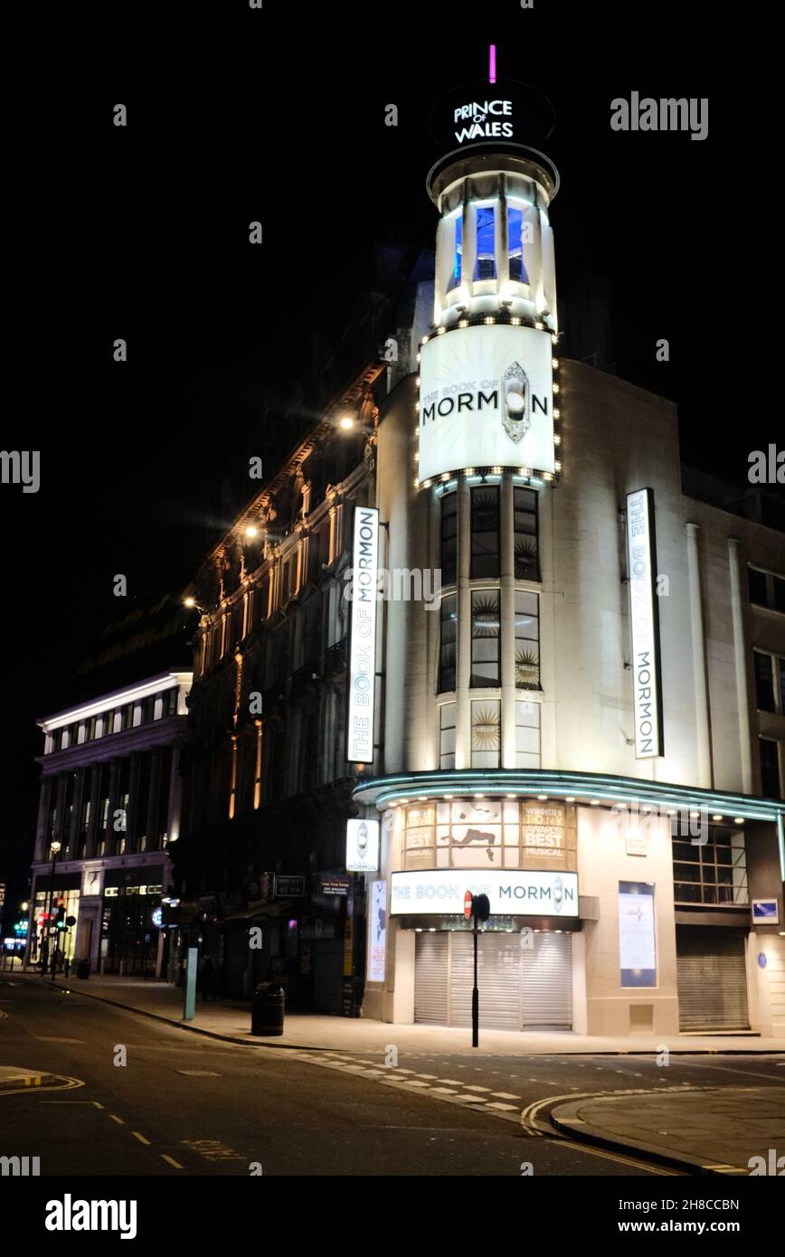 A closed Prince of Wales Theatre featuring The Book of Mormon, during the Coronavirus pandemic lockdown, West End, London Stock Photo