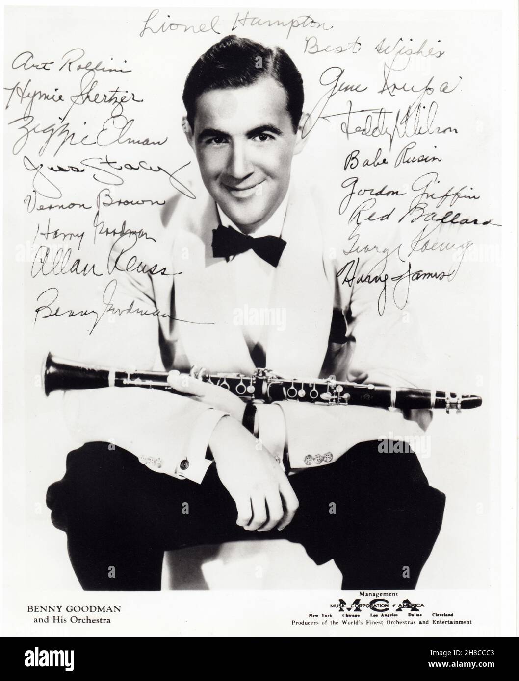 A late 1930s publicity photo of clarinetist & bandleader Benny Goodman with autographs by his sidemen. Stock Photo