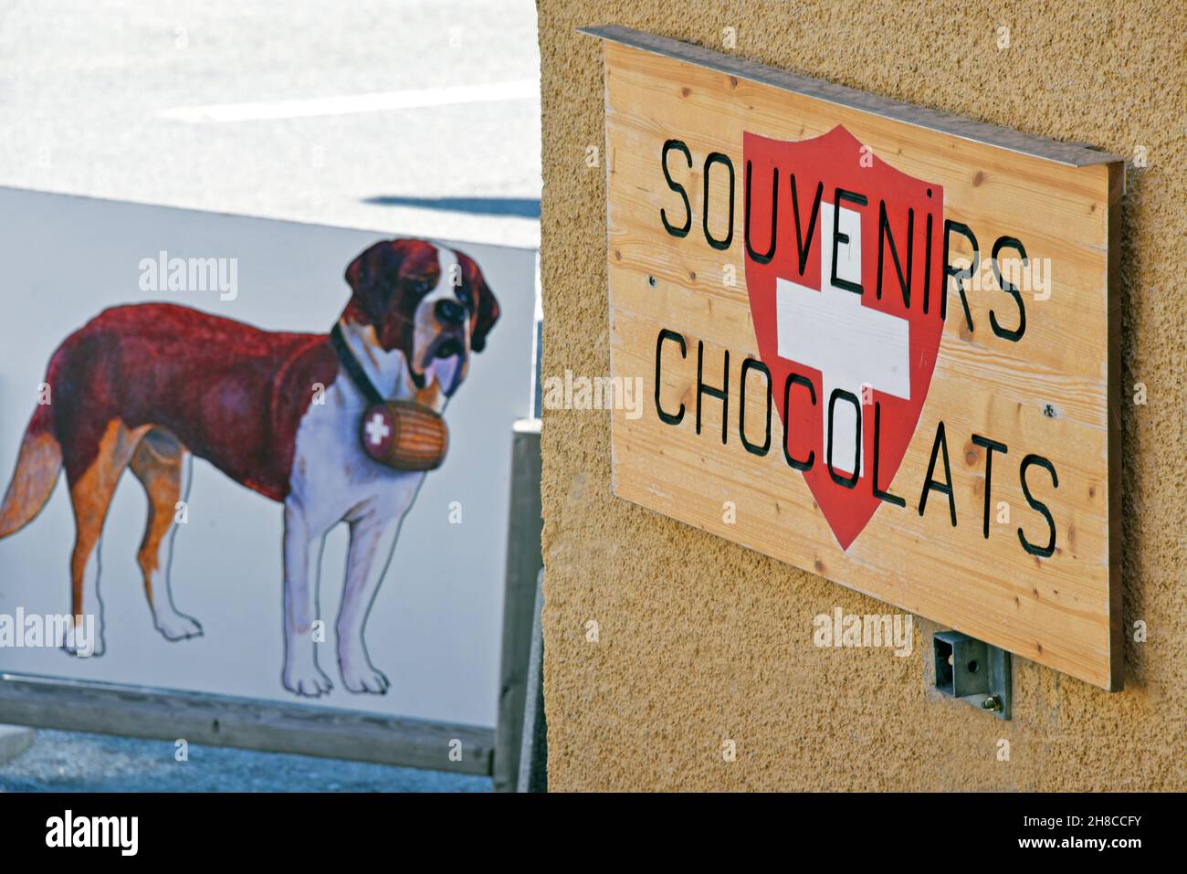 Saint Bernard Dog (Canis lupus f. familiaris), painted Bernhardinger and sign indicates Swiss chocolate as souvenir, Switzerland, Valais, Bourg Saint Stock Photo