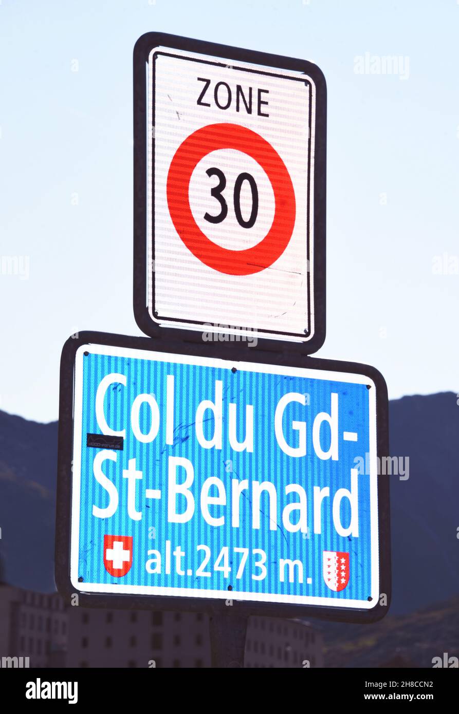 30 km/h zone at Great St Bernard Pass, Italy, Aosta Valley, Saint Remy en Bosses Stock Photo