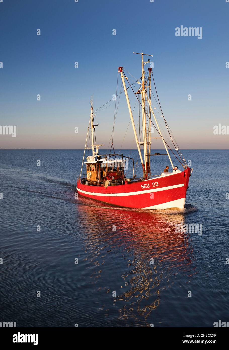 shrimper boat in the North Sea, Germany, Lower Saxony, Lower Saxony Wadden Sea National Park Stock Photo