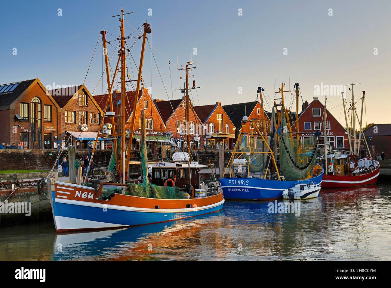 shrimpers in fishing harbour in Neuharlingersiel, Germany, Lower Saxony, East Frisia, Neuharlingersiel Stock Photo
