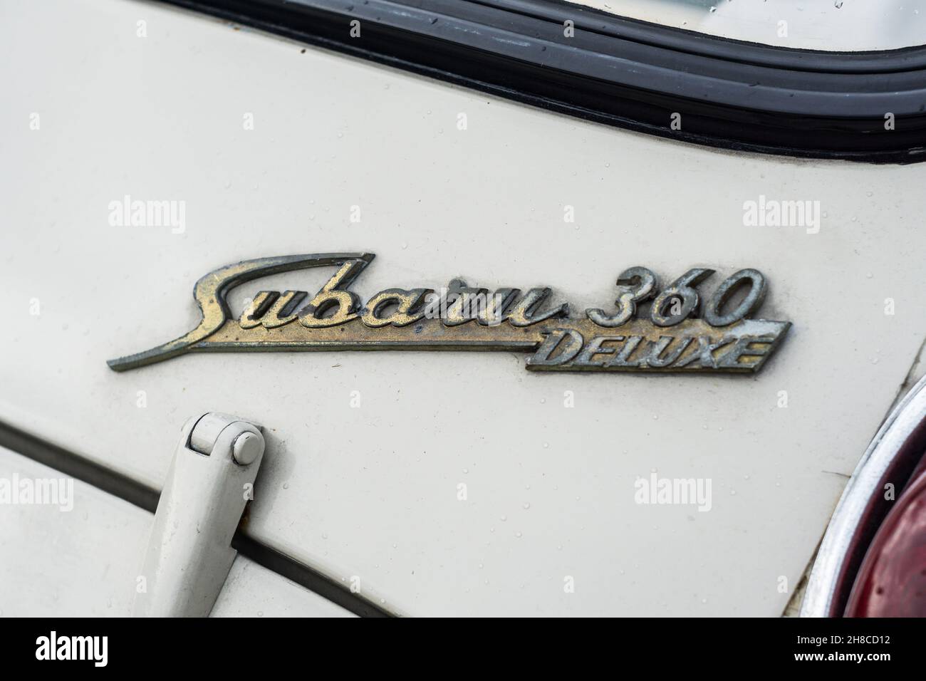 Close up detail of the name badge logo on the rear of a white 