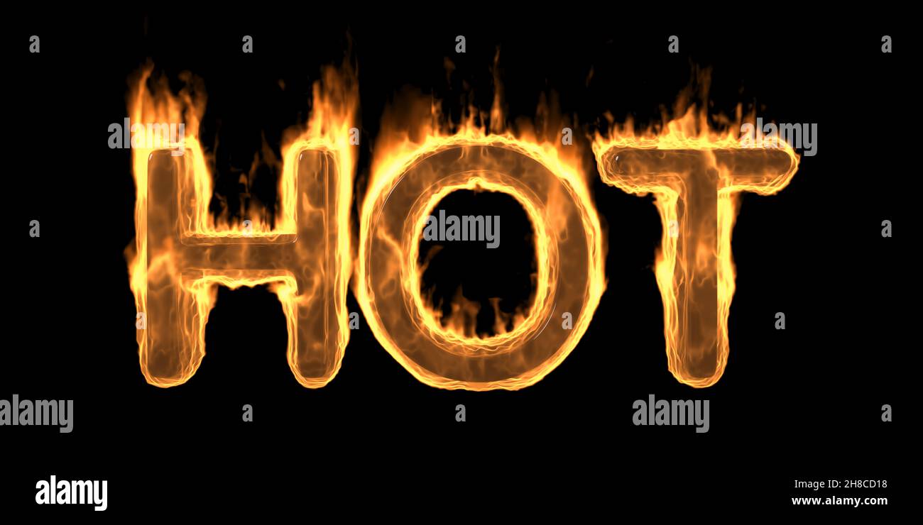 HOT Fire flaming burn text, Burning flame word with smoke and fiery