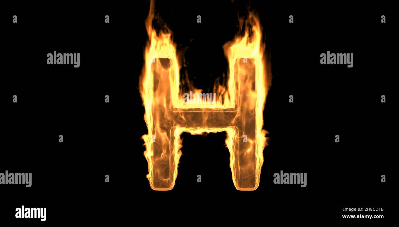 Fire alphabet letter H, flaming burn font. Burning flame text with smoke and fiery effect. Hot glowing design element isolated on black background. 3d Stock Photo