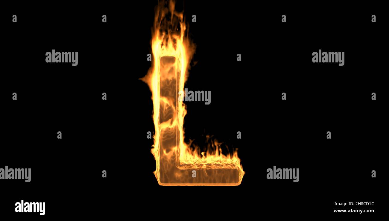 Fire alphabet letter L, flaming burn font. Burning flame text with smoke and fiery effect. Hot glowing design element isolated on black background. 3d Stock Photo