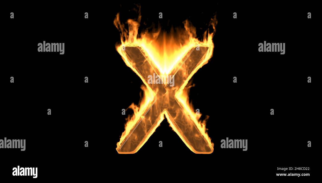 Fire alphabet letter X, flaming burn font. Burning flame text with smoke and fiery effect. Hot glowing design element isolated on black background. 3d Stock Photo