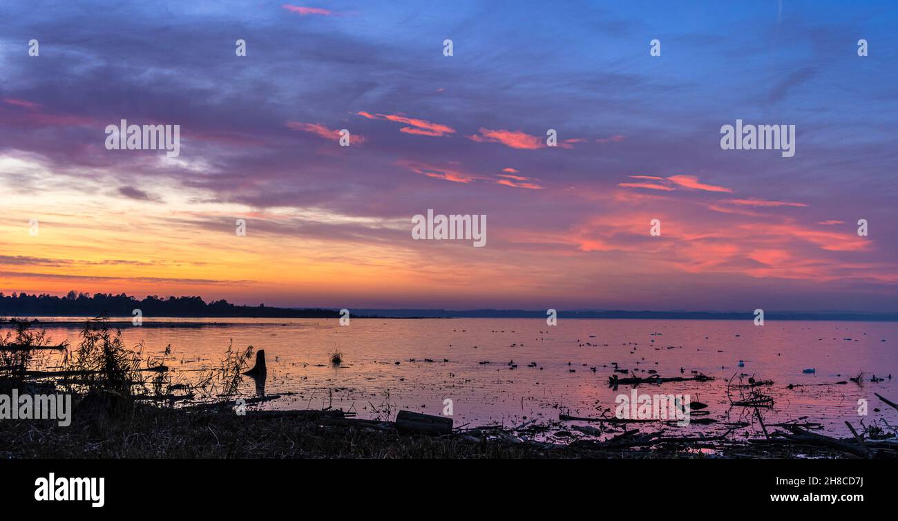 evening glow over lake Chiemsee in autumn, Germany, Bavaria, Lake Chiemsee Stock Photo