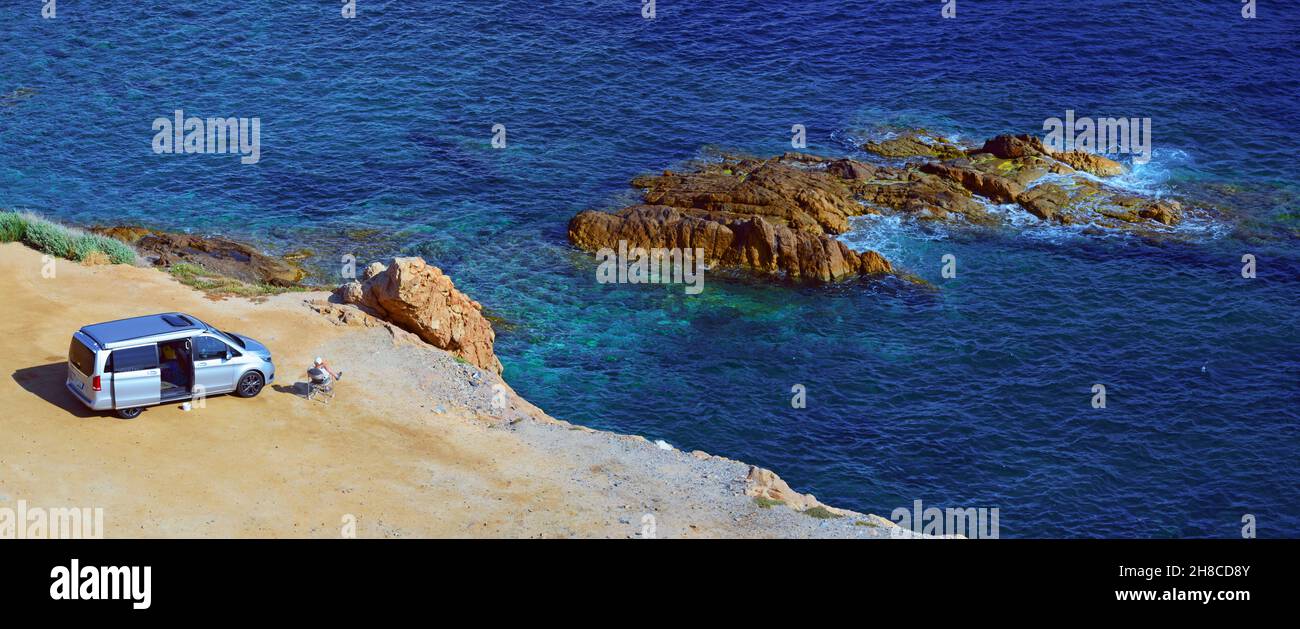 camping car on the island of La Pietra, France, Corsica, Ile Rousse Stock Photo