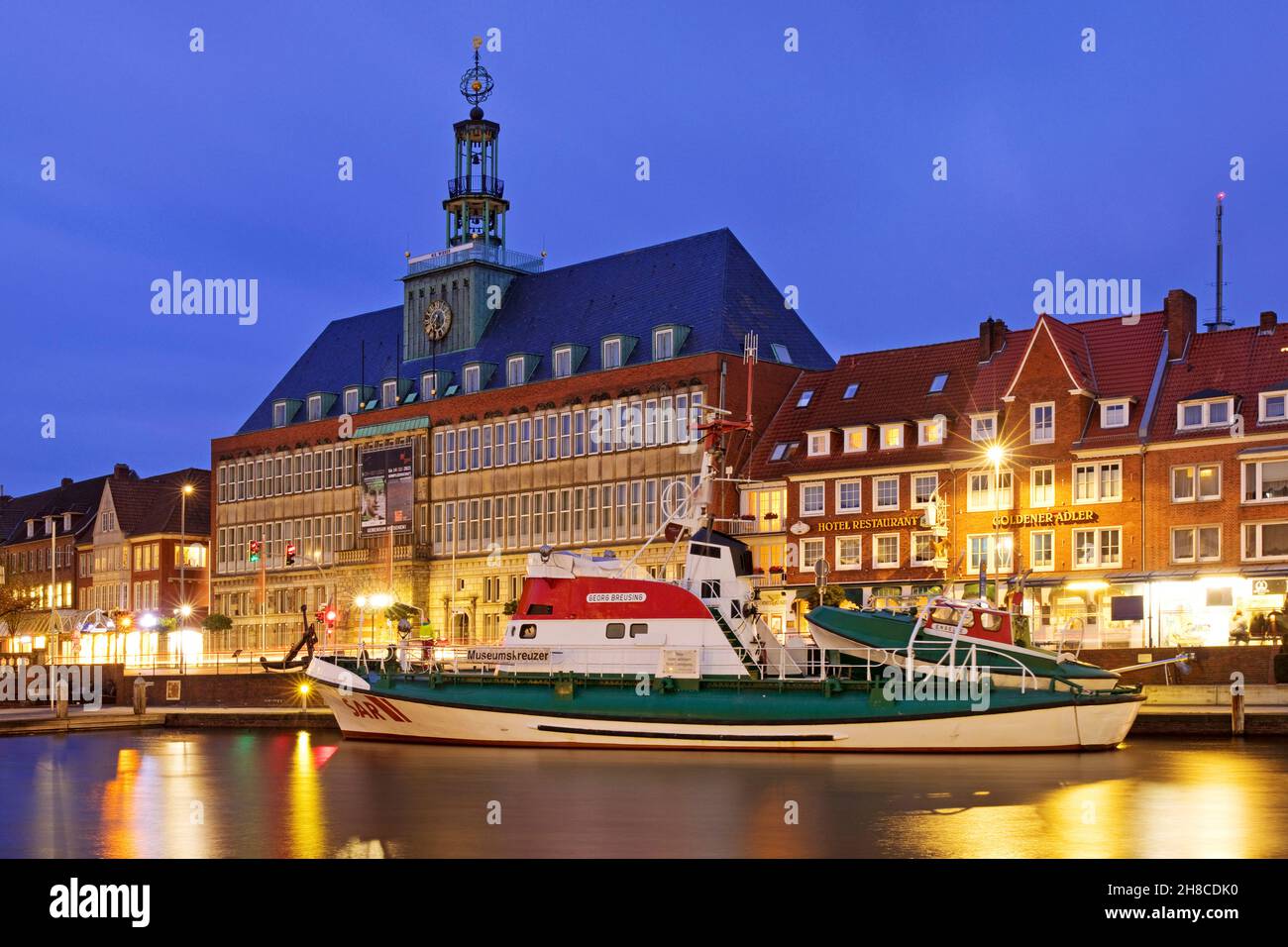 museum ship Seenotkreuzer Georg Breusing in Ratsdelft in front of Ostfriesisches Landesmuseum in the evening, Germany, Lower Saxony, East Frisia, Stock Photo