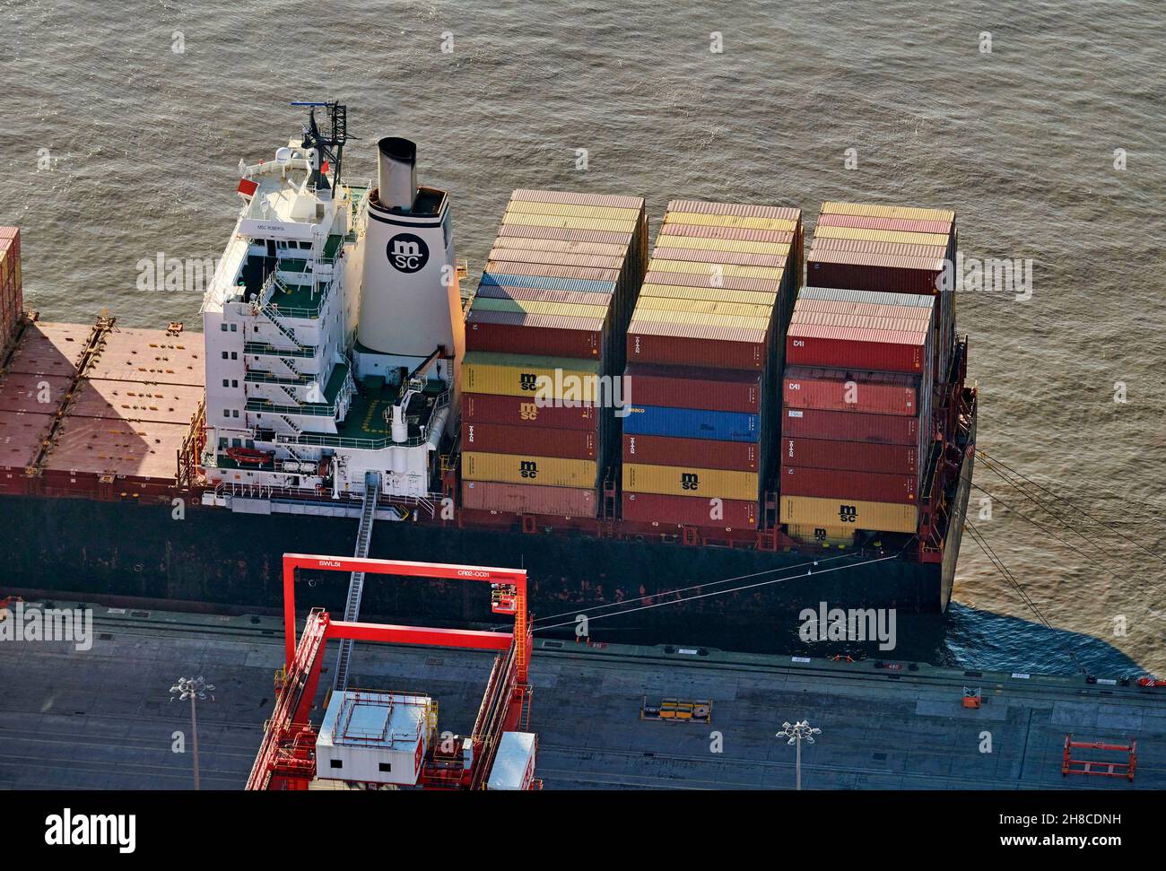 An overhead view of containers on shipping, River Mersey, Liverpool Docks, North West England, UK Stock Photo