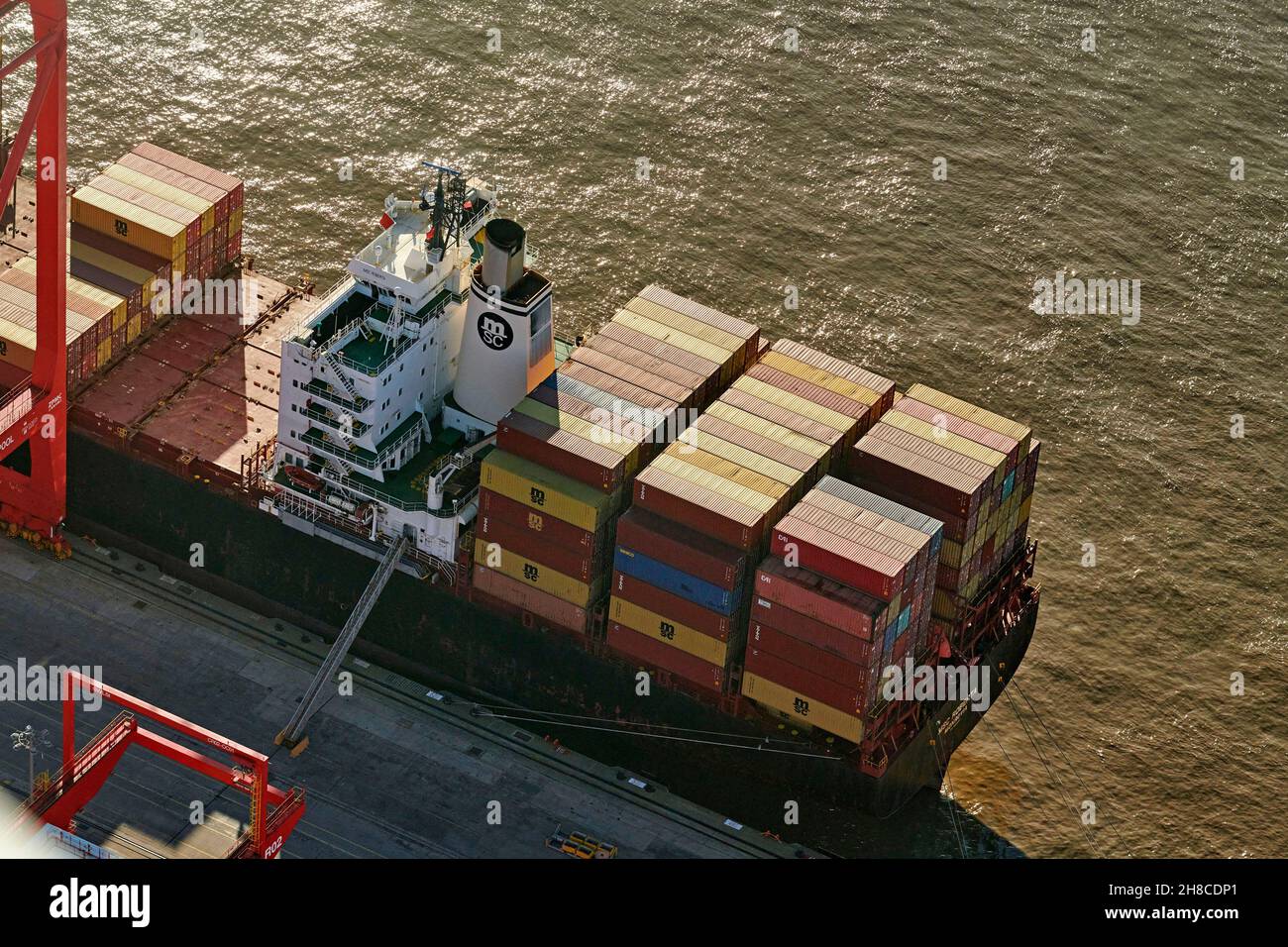 An overhead view of containers on shipping, River Mersey, Liverpool Docks, North West England, UK Stock Photo