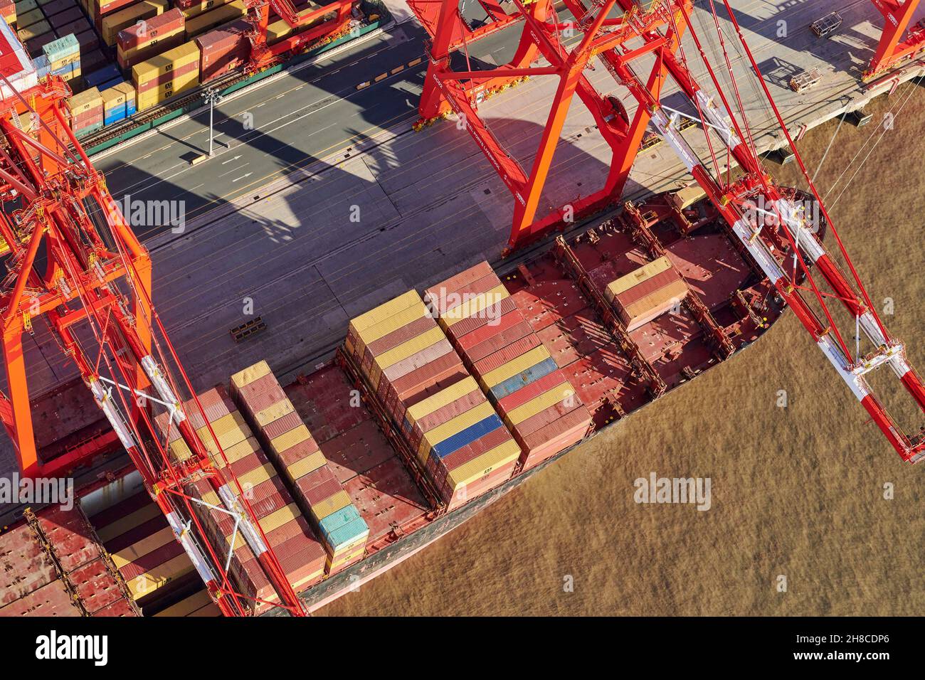 An overhead view of containers on shipping, River Mersey, Liverpool Docks, North West England, UK Stock Photo