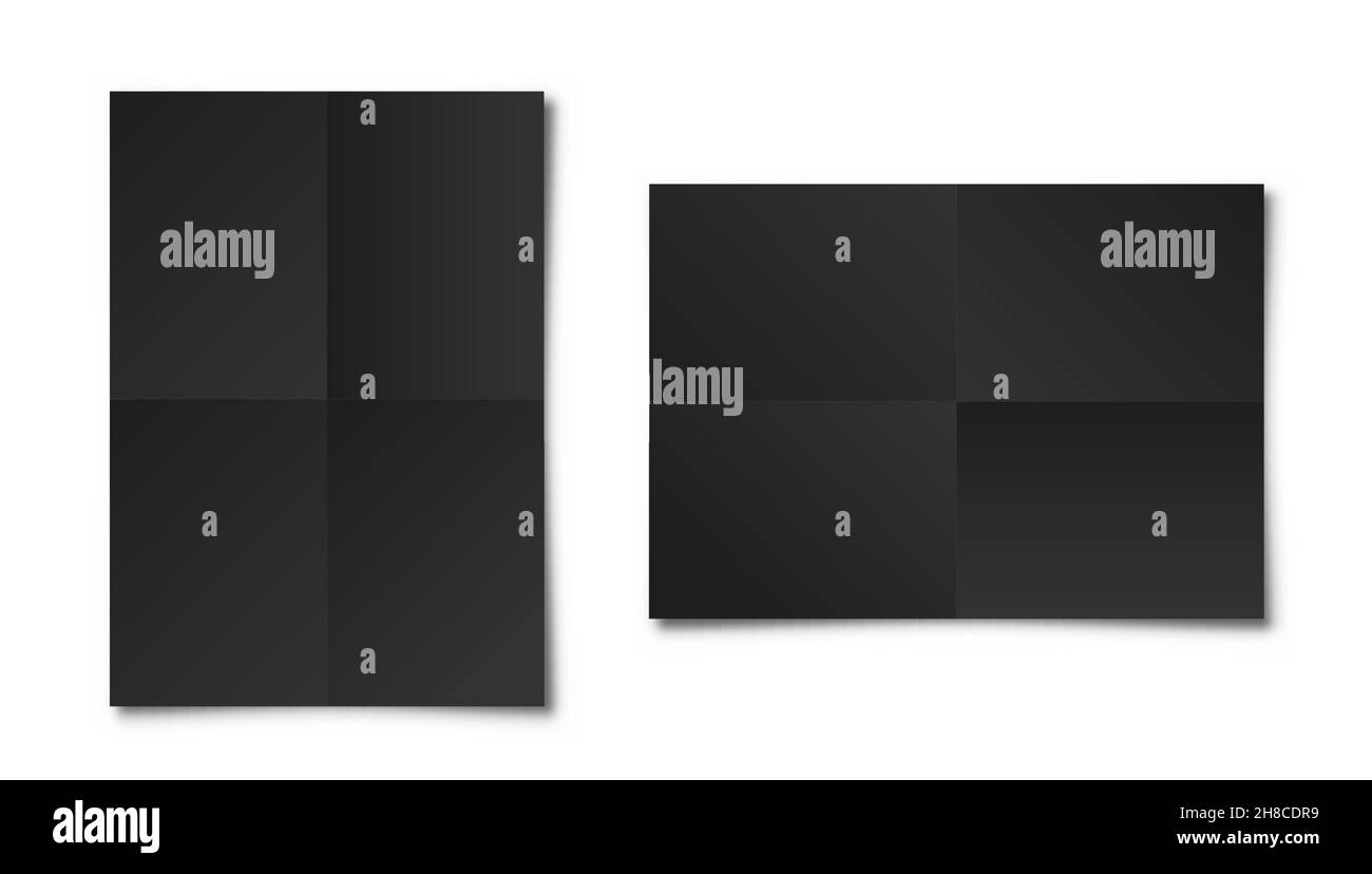 Realistic blank folded paper sheets in A4 size with shadow isolated on white background. Black