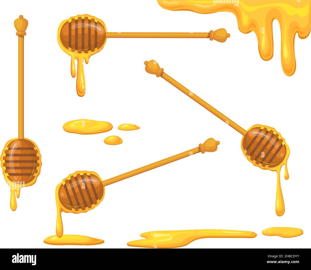 Honey spoon set. Cartoon wooden spoons dipper for melting sweet liquid drop, golden flow