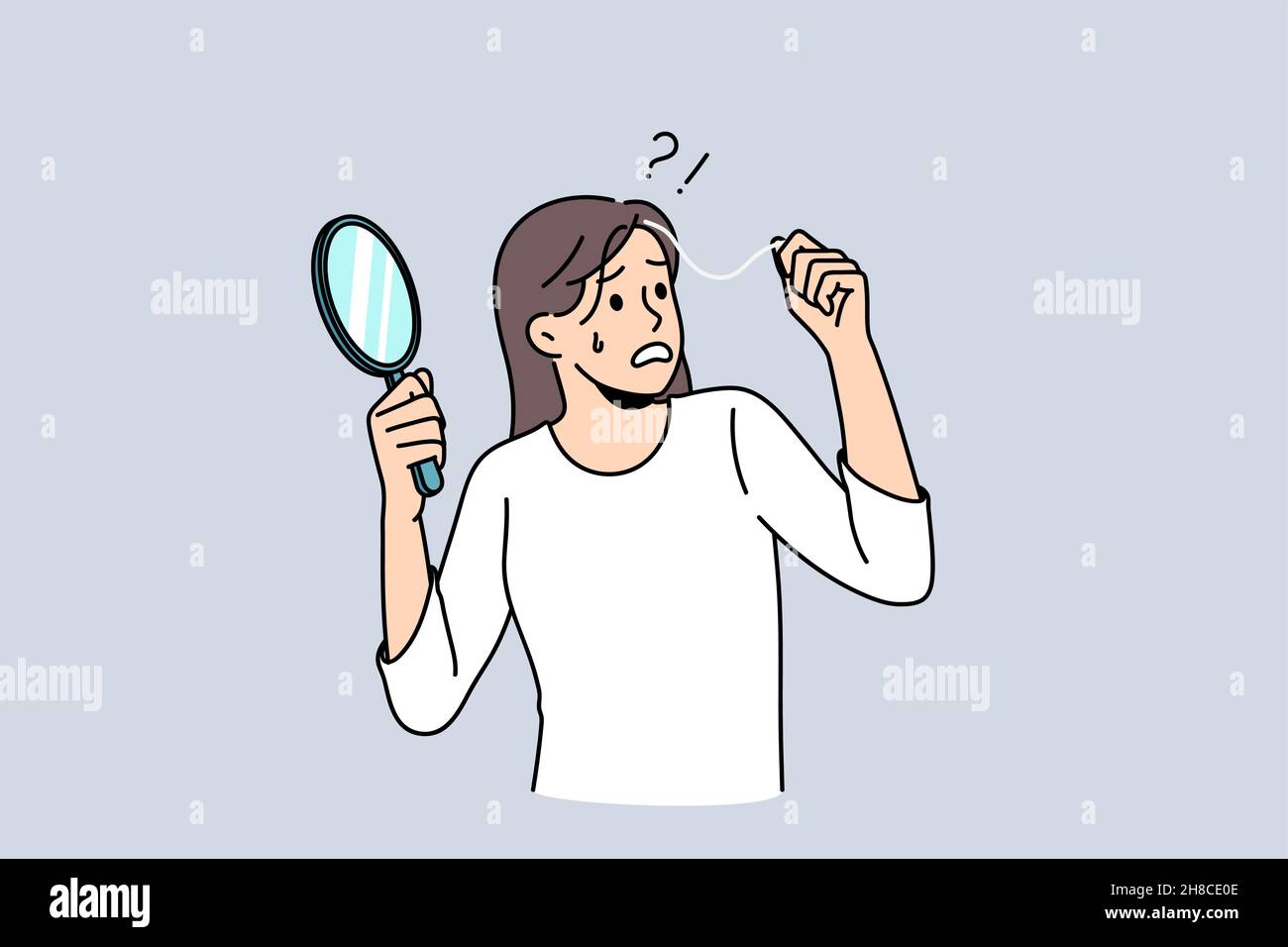 Anxious woman look in mirror find grey hair scared of early aging. Worried unhappy female feel stressed shocked become grey-haired. Life personal changes concept. Maturity. Flat vector illustration.  Stock Vector