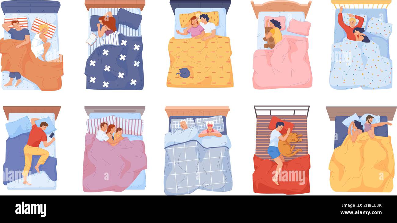 People under blankets. Family sleep lying in bed blanket, couple