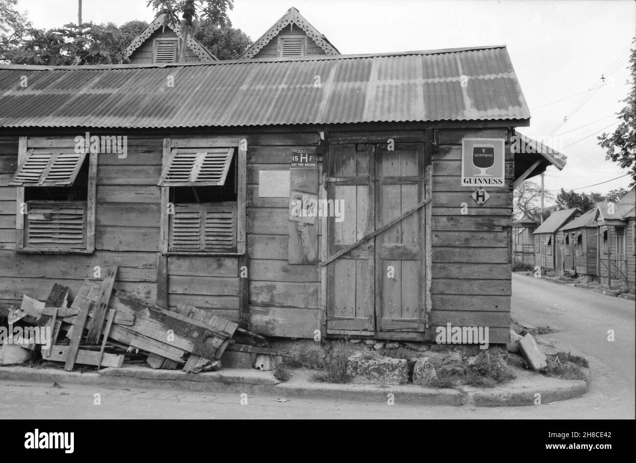 Bridgetown, Barbados - Street scene with wooden houses, March 1980 Stock Photo