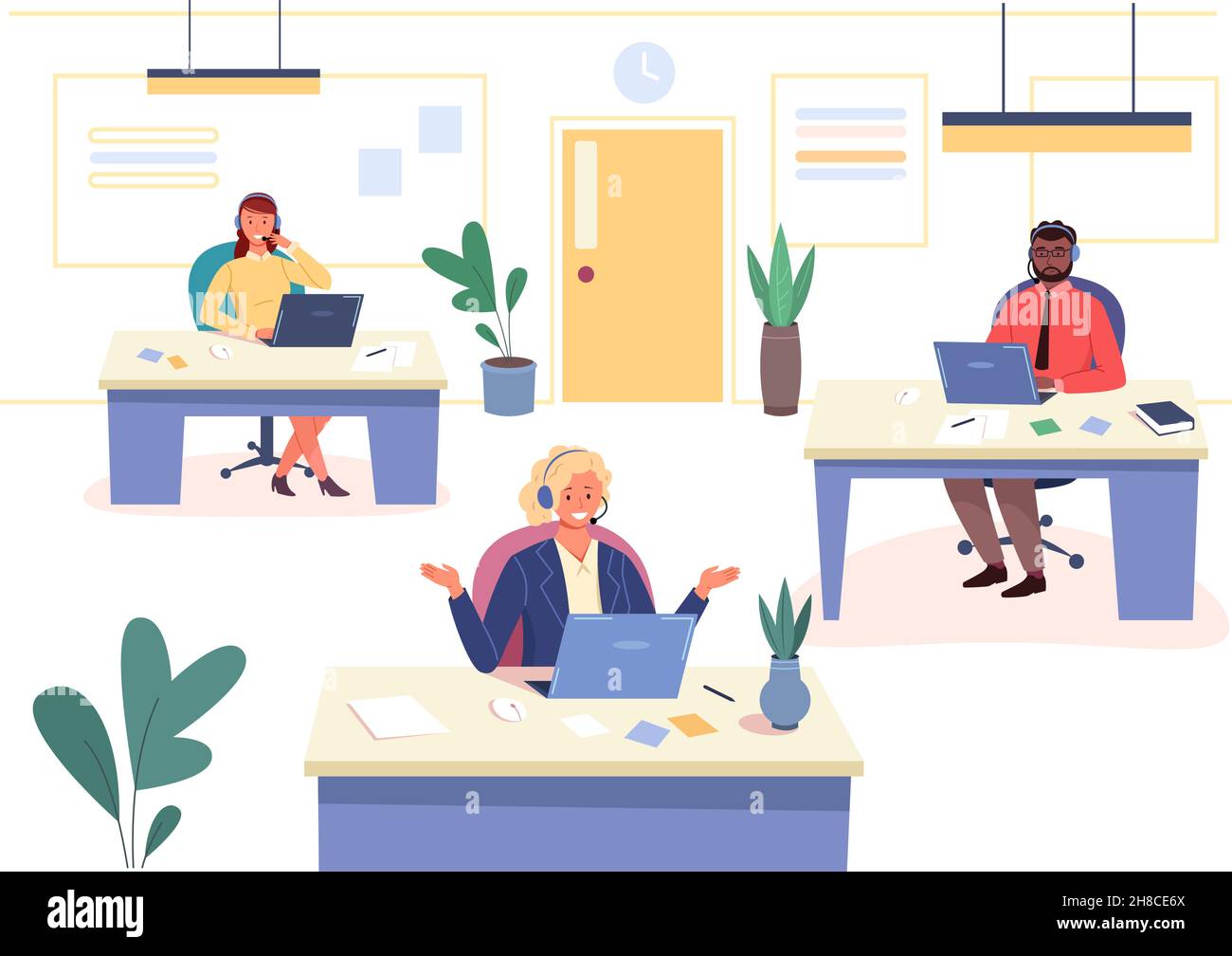 Office interior call center. Workers in headset. Call center work