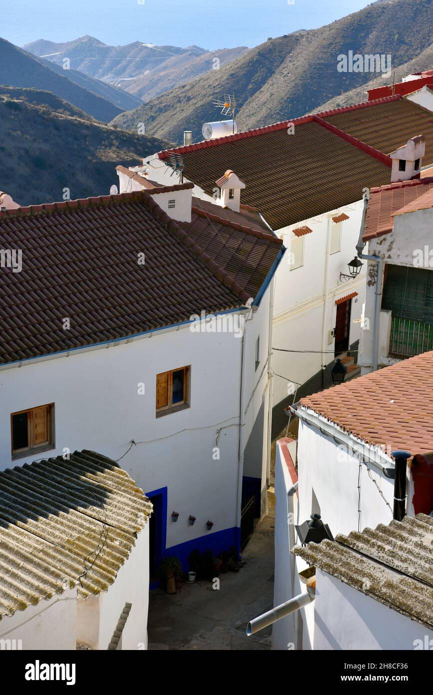 A view over the rooftops in the village of Polopos (Granada province), Andalucia, southern Spain. Stock Photo