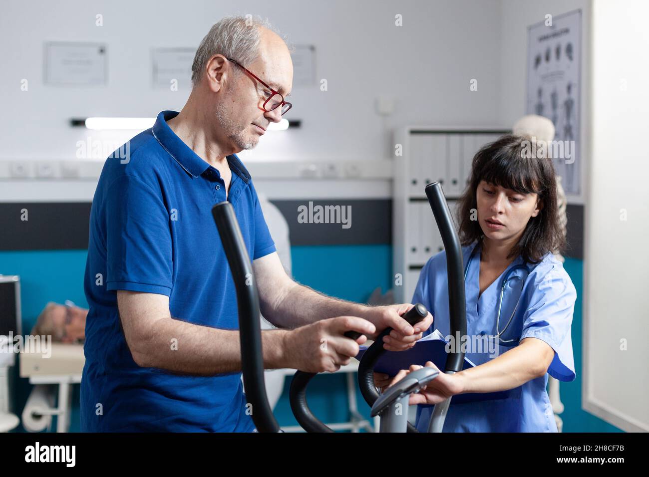 Retired patient doing physical exercise for injury recovery with