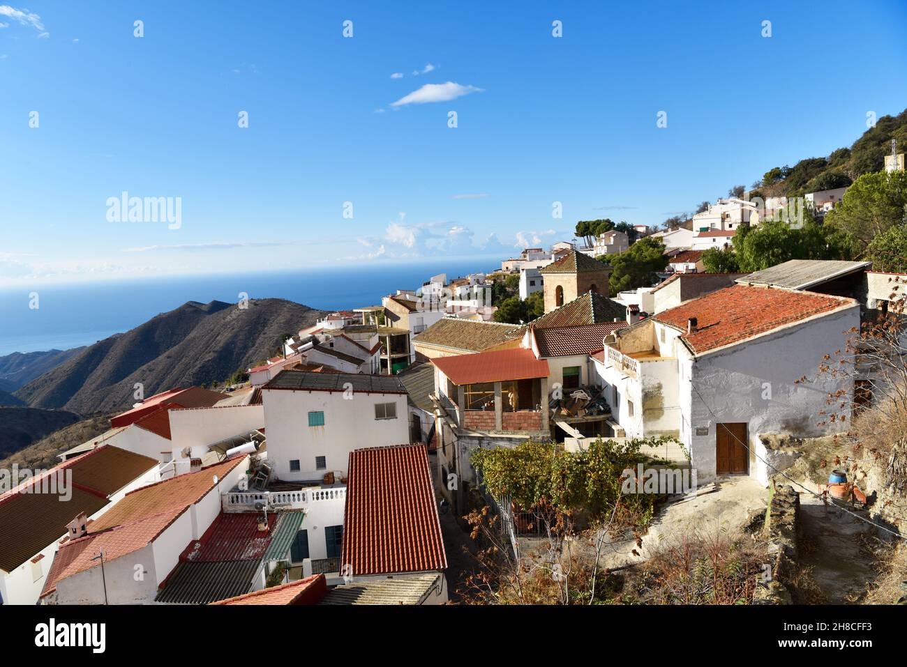 A view over the rooftops in the village of Polopos (Granada province), Andalucia, southern Spain. Stock Photo