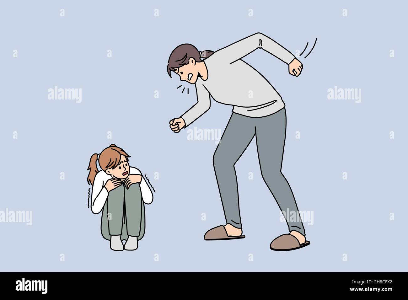 Angry mother shout yell at scared little daughter feel unprotected in family. Furious mad aggressive mom scream at stressed girl child. Psychological abuse, domestic violence. Vector illustration.  Stock Vector