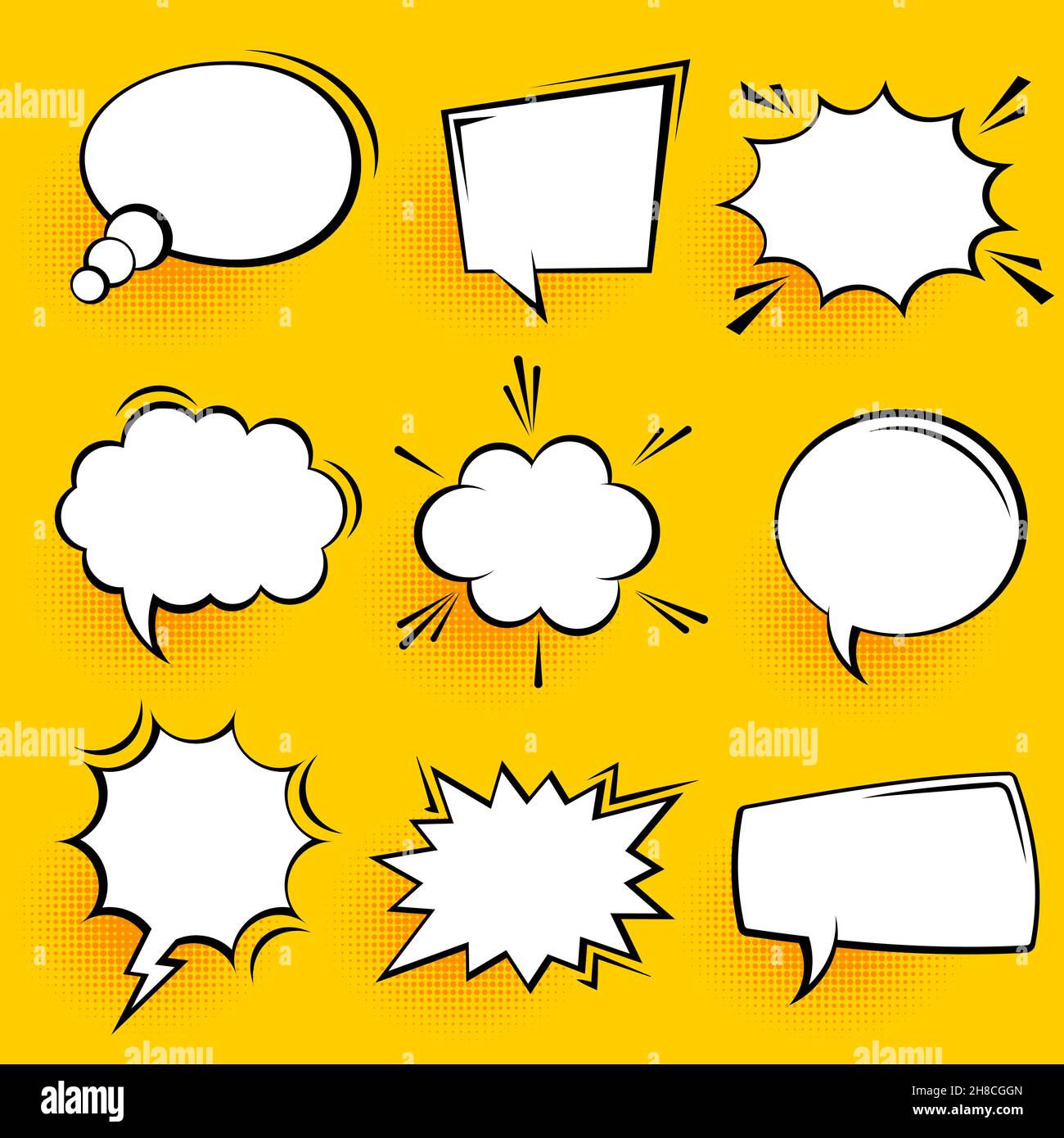Blank comic speech bubbles with halftone shadows on yellow background ...
