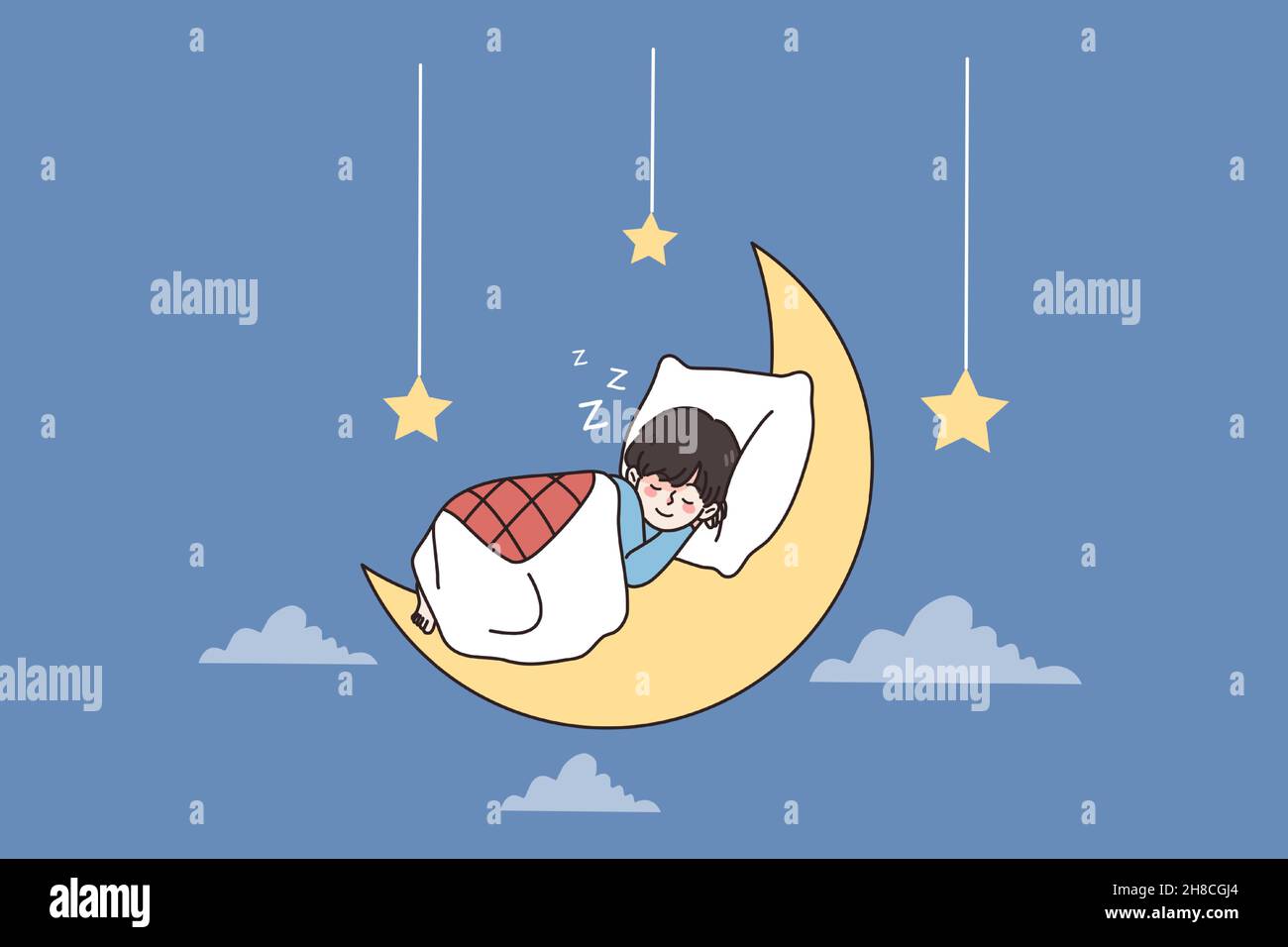 Good sleep and sweet dreams concept. Small kid with smile on face lying