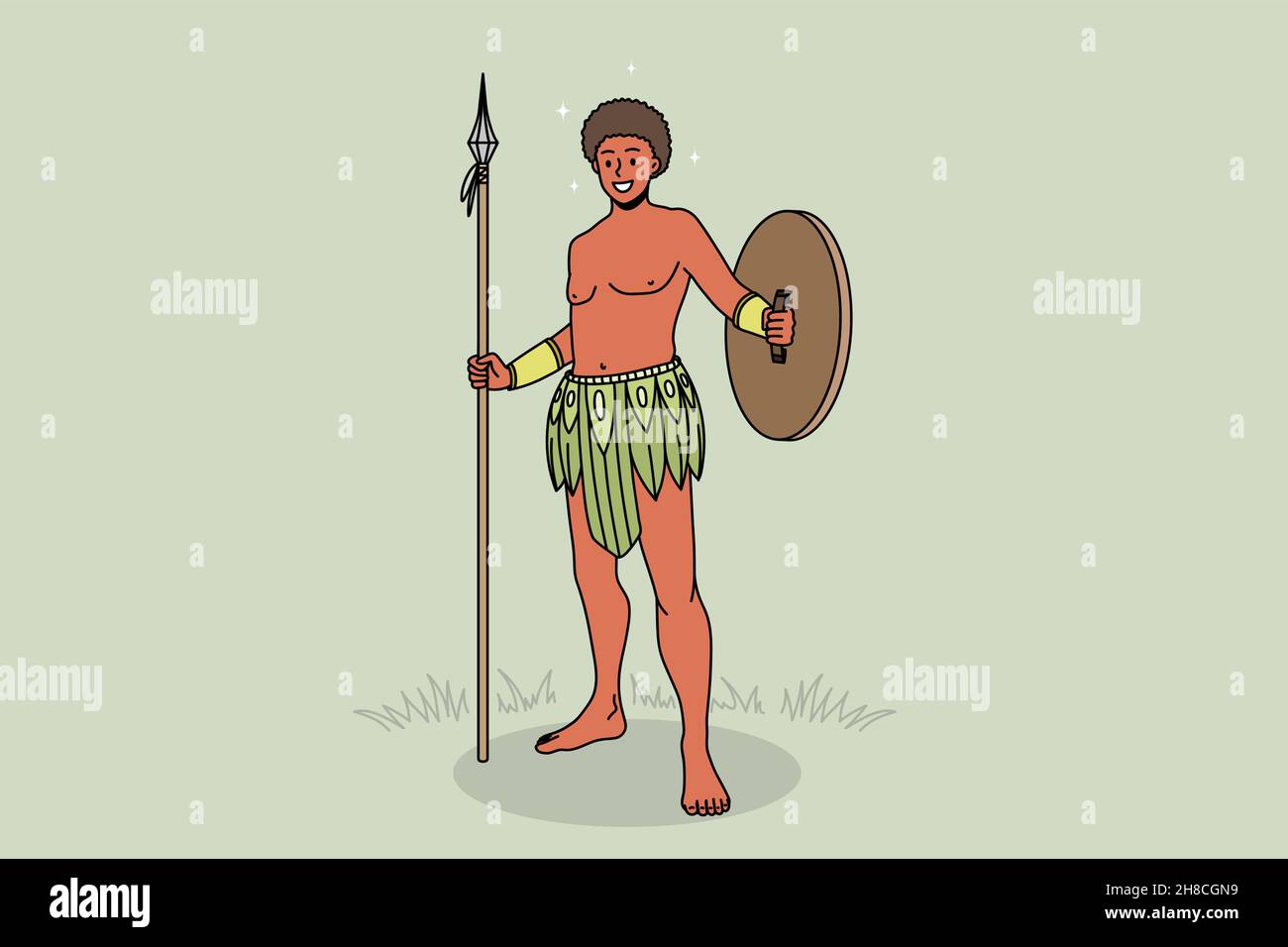 Smiling African American tribe man in breechcloth hold spear and shield. Happy ethnic aborigine wear traditional clothes and protective tools. Indigenous people of Africa. Vector illustration.  Stock Vector