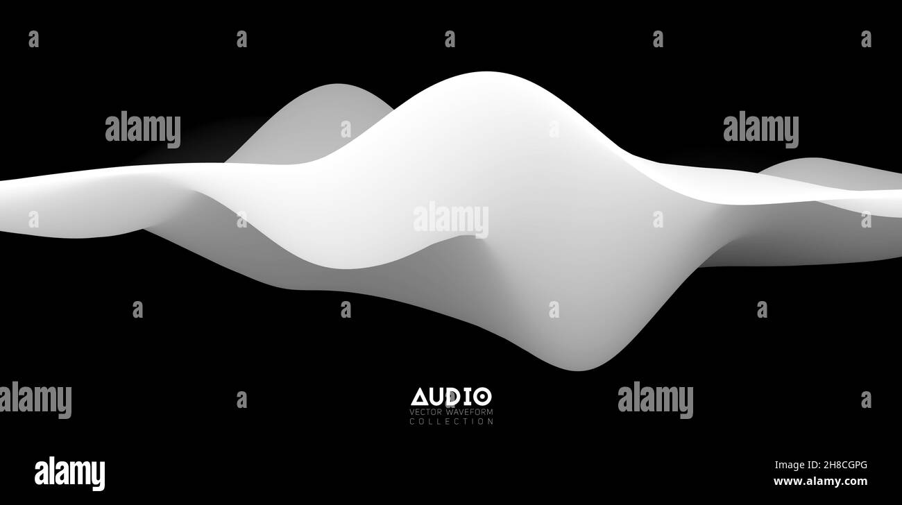 Sound wave visualiztion. 3D black and white solid waveform. Voice sample pattern. Stock Vector