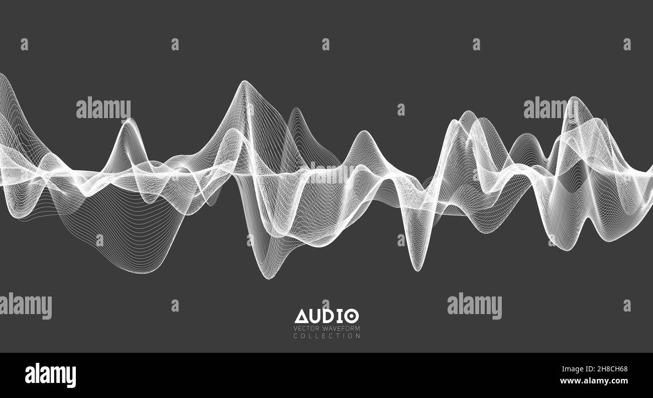 3d audio soundwave. White music pulse oscillation. Glowing impulse pattern Stock Vector