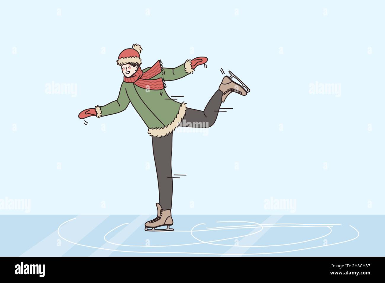 Winter fun and activities concept. Smiling boy wearing scarf and hat skating on rink enjoying having fun leisure and spare time vector illustration  Stock Vector