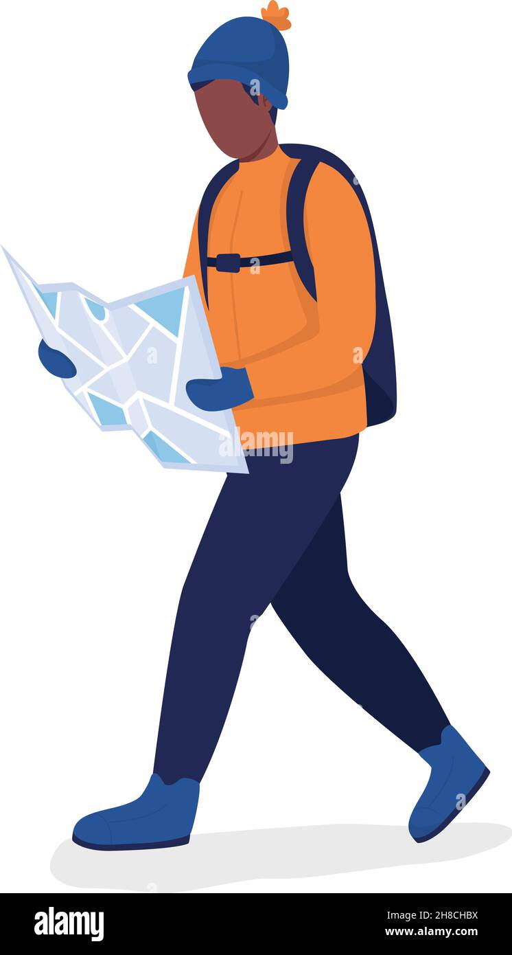 Man with map in orange coat semi flat color vector character Stock Vector